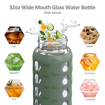 MUKOKO 32oz Glass Water Bottles with Dual Lids