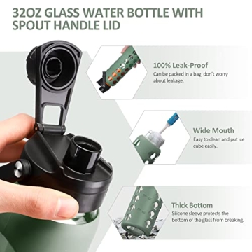 MUKOKO 32oz Glass Water Bottles with Dual Lids