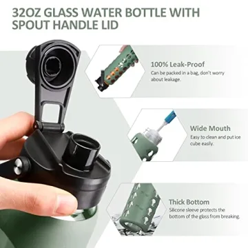 MUKOKO 32oz Glass Water Bottles with Dual Lids