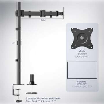 VIVO Single Monitor Desk Mount, Extra Tall Fully Adjustable Stand for 1 LCD Screen up to 32 inches, Ultra Wide Screens up to 38 inches, 22 lbs Capacity, STAND-V001T