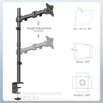VIVO Single Monitor Desk Mount, Extra Tall Fully Adjustable Stand for 1 LCD Screen up to 32 inches, Ultra Wide Screens up to 38 inches, 22 lbs Capacity, STAND-V001T