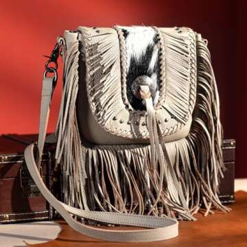 Bohemian Western Fringe Purses Bags for Women Crossbody, Geniune Real Leather, with Silver Engraved Concho with Tassel, Hair-on Cowhide and Braided Details and Antique Silver Studs MBB-RLC-MWR-054TN