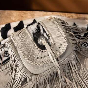 Bohemian Western Fringe Purses Bags for Women Crossbody, Geniune Real Leather, with Silver Engraved Concho with Tassel, Hair-on Cowhide and Braided Details and Antique Silver Studs MBB-RLC-MWR-054TN