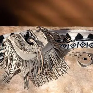 Bohemian Western Fringe Purses Bags for Women Crossbody, Geniune Real Leather, with Silver Engraved Concho with Tassel, Hair-on Cowhide and Braided Details and Antique Silver Studs MBB-RLC-MWR-054TN