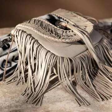 Bohemian Western Fringe Purses Bags for Women Crossbody, Geniune Real Leather, with Silver Engraved Concho with Tassel, Hair-on Cowhide and Braided Details and Antique Silver Studs MBB-RLC-MWR-054TN