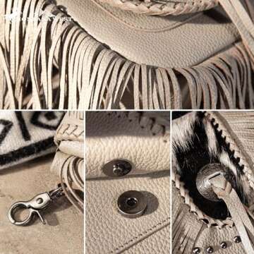 Bohemian Western Fringe Purses Bags for Women Crossbody, Geniune Real Leather, with Silver Engraved Concho with Tassel, Hair-on Cowhide and Braided Details and Antique Silver Studs MBB-RLC-MWR-054TN