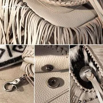 Bohemian Western Fringe Purses Bags for Women Crossbody, Geniune Real Leather, with Silver Engraved Concho with Tassel, Hair-on Cowhide and Braided Details and Antique Silver Studs MBB-RLC-MWR-054TN