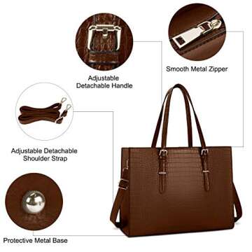Laptop Bag for Women 15.6 Inch Laptop Tote Bag Leather Classy Computer Briefcase for Work Waterproof Handbag Professional Shoulder Bag Women Business Office Bag Large Capacity Coffee