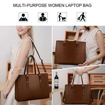 Laptop Bag for Women 15.6 Inch Laptop Tote Bag Leather Classy Computer Briefcase for Work Waterproof Handbag Professional Shoulder Bag Women Business Office Bag Large Capacity Coffee