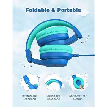iClever Kids Headphones - Safe Volume Over-Ear, Foldable