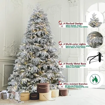 ROSOS 7.5ft Flocked Christmas Tree - Prelit & Realistic