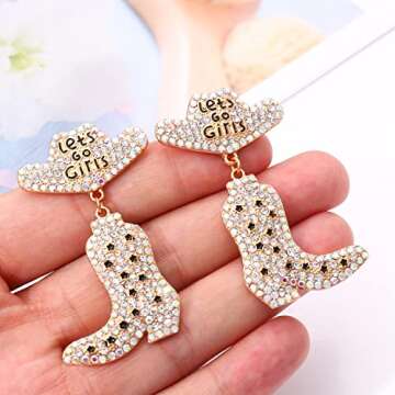 Cowgirl Boot Hat Earrings Bling Rhinestone Let's-Go-Girls Western Dangle Earrings for Women Vacation Travel Drop Dangling Earrings (clear)
