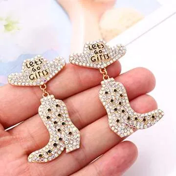 Cowgirl Boot Hat Earrings Bling Rhinestone Let's-Go-Girls Western Dangle Earrings for Women Vacation Travel Drop Dangling Earrings (clear)