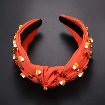 Halloween Headbands for Women Halloween Accessories Beaded Boo Trick or Treat Knotted Headband Embellished Rhinestone Pearl Top Knot Headbands Halloween Costume Party Hair Accessory (Candy Corn)