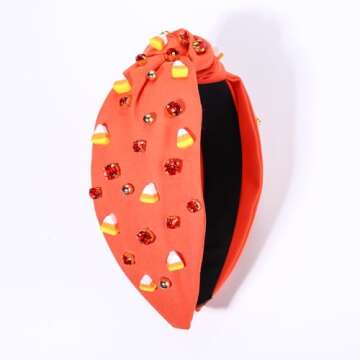Halloween Headbands for Women Halloween Accessories Beaded Boo Trick or Treat Knotted Headband Embellished Rhinestone Pearl Top Knot Headbands Halloween Costume Party Hair Accessory (Candy Corn)