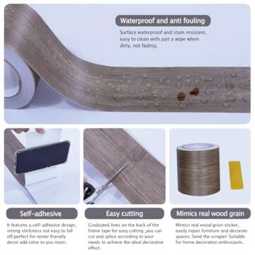 FEILAYS Wood Grain Wallpaper Border Removable PVC Waterproof Peel and Stick Wallpaper, Bathroom Mirror Frame Border Sticker Wall Decor Window sill Door Frame Black Locust Wood 3.93inch x 393inch