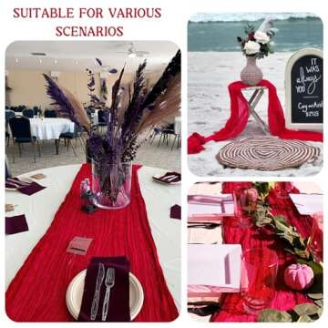 3 Pack 120 Inch Red Cheesecloth Table Runner Boho Rustic Gauze Sheer Romantic 10 FT Long Cheese Cloth Table Runner for Bridal Baby Shower Wedding Party Birthday Holiday Home Easter Decor