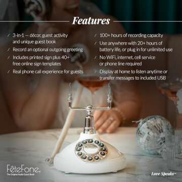 FeteFone The Brittany Vintage Audio Guest Book Phone, Unique Voicemail Message Recorder, Guestbook Alternative for Wedding, Bridal Shower, Birthday Party, Baby Shower, Anniversary, Engagement, White