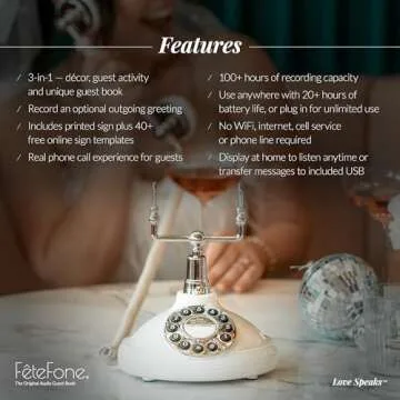 FeteFone The Brittany Vintage Audio Guest Book Phone, Unique Voicemail Message Recorder, Guestbook Alternative for Wedding, Bridal Shower, Birthday Party, Baby Shower, Anniversary, Engagement, White