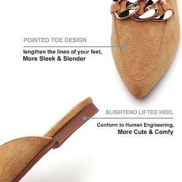 Tilocow Mules Womens Flats Comfortable - Business Casual Shoes Pointed Toe Work Flats Metal Chain Comfortable Slip Ons Backless Loafers Fashion 2023 Shoes