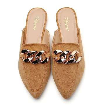 Tilocow Mules Womens Flats Comfortable - Business Casual Shoes Pointed Toe Work Flats Metal Chain Comfortable Slip Ons Backless Loafers Fashion 2023 Shoes
