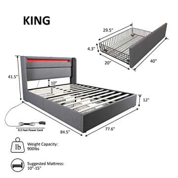 AMERLIFE King Bed Frame with RGBW LED Lights Headboard & 4 Storage Drawers, Upholstered Smart Platfo...