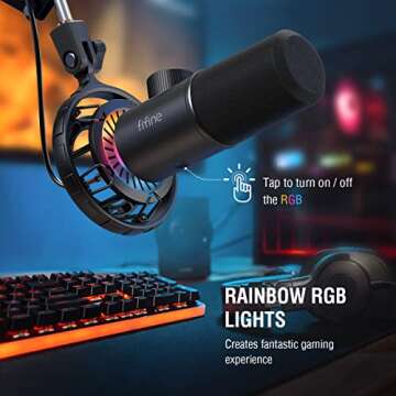 FIFINE USB Gaming Microphone, RGB Dynamic Mic for PC, with Tap-to-Mute Button, Plug & Play Cardioid Mic with Headphone Jack for Streaming, Podcast, Twitch, YouTube, Discord- K658