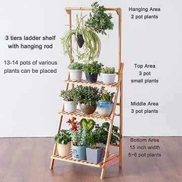 COPREE Bamboo 3-Tier Hanging Plant Stand Planter Shelves Flower Pot Organizer Rack Folding Display Shelving Plants Shelf Unit Holder