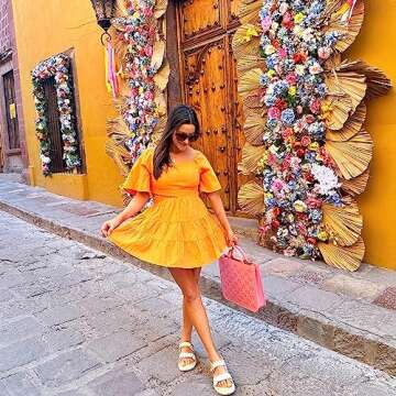 Shy Velvet Women's Summer Dress Square Neck Short Sleeves Crossover Waist Casual Party Mini Dress Yellow