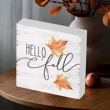 Yorhifa Hello Fall Wood Box Sign, Maple Leaves Desk Shelf Decor, Fall Decorations for Home, Autumn Decor, Fall Home Decor, Farmhouse Fall Wooden Box Block Sign for Home Shelf Desk Decor