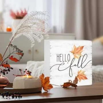 Yorhifa Hello Fall Wood Box Sign, Maple Leaves Desk Shelf Decor, Fall Decorations for Home, Autumn Decor, Fall Home Decor, Farmhouse Fall Wooden Box Block Sign for Home Shelf Desk Decor