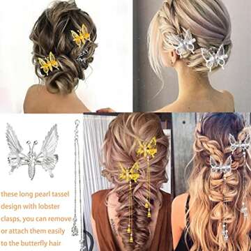 Flymind Moving Tassel Butterfly Hair Clips, Elegant Antique Side Hair Accessories with Moving Hairpins for Women Girls (Gold & Silver)