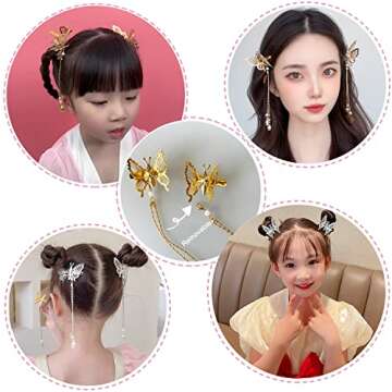 Flymind Moving Tassel Butterfly Hair Clips, Elegant Antique Side Hair Accessories with Moving Hairpins for Women Girls (Gold & Silver)