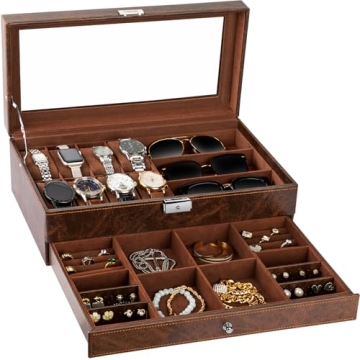 TomCare 2-Tier Lockable Watch Box - Stylish Organizer for Jewelry & Sunglasses