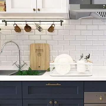 Attom Tech Home Modern Wood Handle Dish Rack and Drain Board, 16.5" x 12" x 5.5" Kitchen Plate Cup Dish Drying Rack Tray Cutlery Dish Drainer