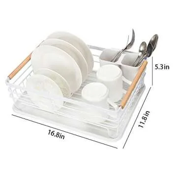 Attom Tech Home Modern Wood Handle Dish Rack and Drain Board, 16.5" x 12" x 5.5" Kitchen Plate Cup Dish Drying Rack Tray Cutlery Dish Drainer
