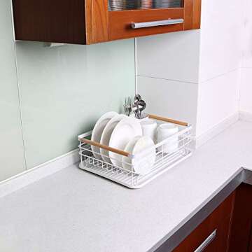Attom Tech Home Modern Wood Handle Dish Rack and Drain Board, 16.5" x 12" x 5.5" Kitchen Plate Cup Dish Drying Rack Tray Cutlery Dish Drainer