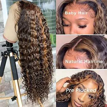 BLY Highlight Human Hair Lace Front Wigs Deep Wave #4/27 Ombre Colored Glueless Wigs Pre Plucked 16 Inch 4x4 Transparent Curly Water Wave Lace Wig Honey Blonde Real Human Hair 180% Density