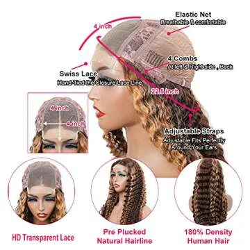 BLY Highlight Human Hair Lace Front Wigs Deep Wave #4/27 Ombre Colored Glueless Wigs Pre Plucked 16 Inch 4x4 Transparent Curly Water Wave Lace Wig Honey Blonde Real Human Hair 180% Density