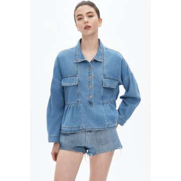 Trendy Women's Denim Cropped Babydoll Long Sleeve V Neck Top