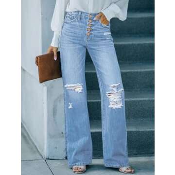 Utyful Women's High Waist Relaxed Fit Ripped Jeans Stretchy Flare Jeans Denim Pants