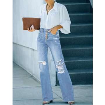 Utyful Women's High Waist Relaxed Fit Ripped Jeans Stretchy Flare Jeans Denim Pants
