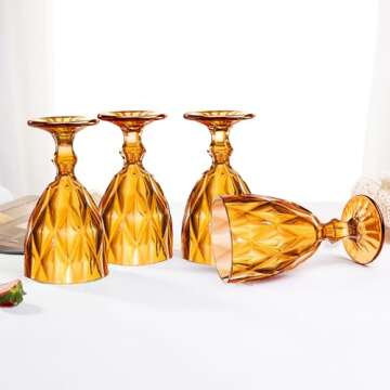 Vintage Wine Glasses Set of 4, Plastic Reusable 12 Ounce Colored Water Goblets, Unique Embossed Patt...