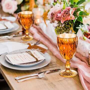 Vintage Wine Glasses Set of 4, Plastic Reusable 12 Ounce Colored Water Goblets, Unique Embossed Pattern Unbreakable Stemmed Wine Glasses, High Clear Wedding Party Bar Drinking Cups Amber