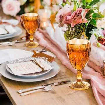 Vintage Wine Glasses Set of 4, Plastic Reusable 12 Ounce Colored Water Goblets, Unique Embossed Pattern Unbreakable Stemmed Wine Glasses, High Clear Wedding Party Bar Drinking Cups Amber