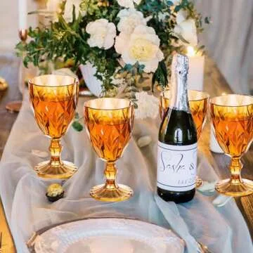 Vintage Wine Glasses Set of 4, Plastic Reusable 12 Ounce Colored Water Goblets, Unique Embossed Pattern Unbreakable Stemmed Wine Glasses, High Clear Wedding Party Bar Drinking Cups Amber
