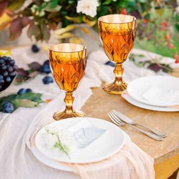 Vintage Wine Glasses Set of 4, Plastic Reusable 12 Ounce Colored Water Goblets, Unique Embossed Pattern Unbreakable Stemmed Wine Glasses, High Clear Wedding Party Bar Drinking Cups Amber