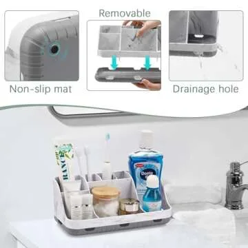 GFWARE Marble Bathroom Countertop Organizer - Detachable 7 Slots Kids Electric Toothbrush and Toothpaste Holde Drainage for Bathroom Accessories Organization Counter Vanity Storage, Grey