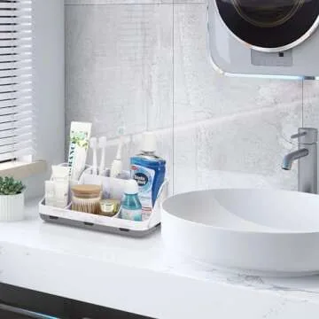 GFWARE Marble Bathroom Countertop Organizer - Detachable 7 Slots Kids Electric Toothbrush and Toothpaste Holde Drainage for Bathroom Accessories Organization Counter Vanity Storage, Grey