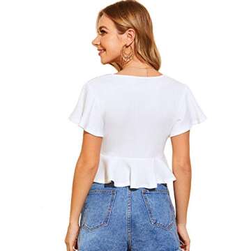 Verdusa Women's Deep V Neck Flutter Sleeve Ribbed Peplum Top Crop Blouse